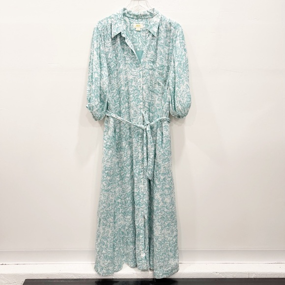 Anthropologie Maeve Button Front Belted Wrap Maxi Dress in Sky Size XL Linen - Picture 5 of 10